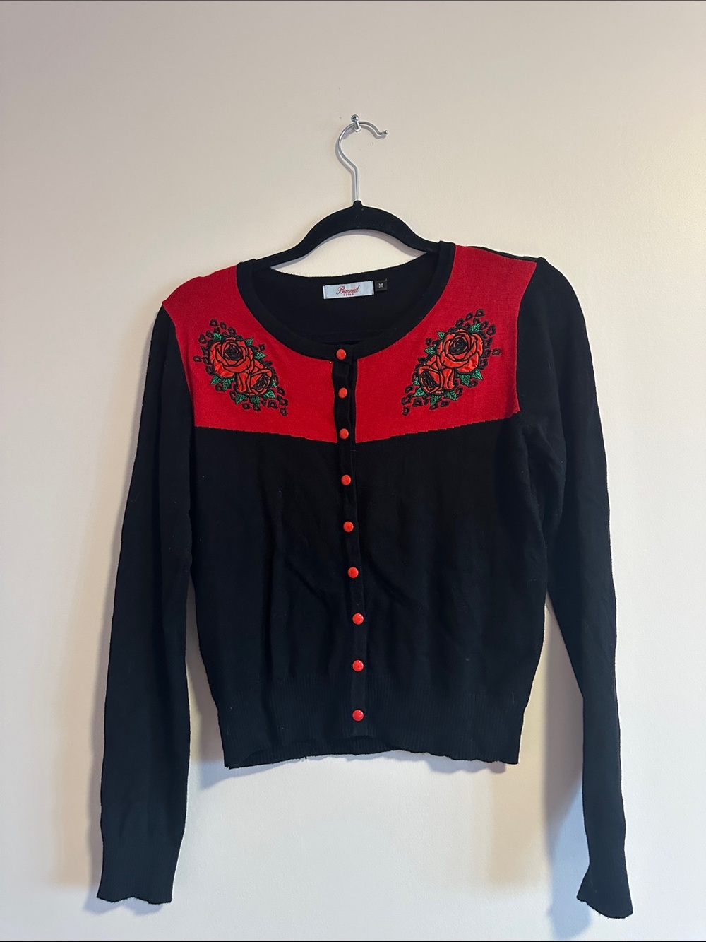 Banned Rétro Black & Red Floral Embroidered Cardigan medium